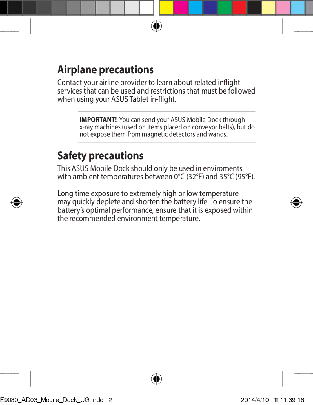 Asus E9030 manual Airplane precautions, Safety precautions 