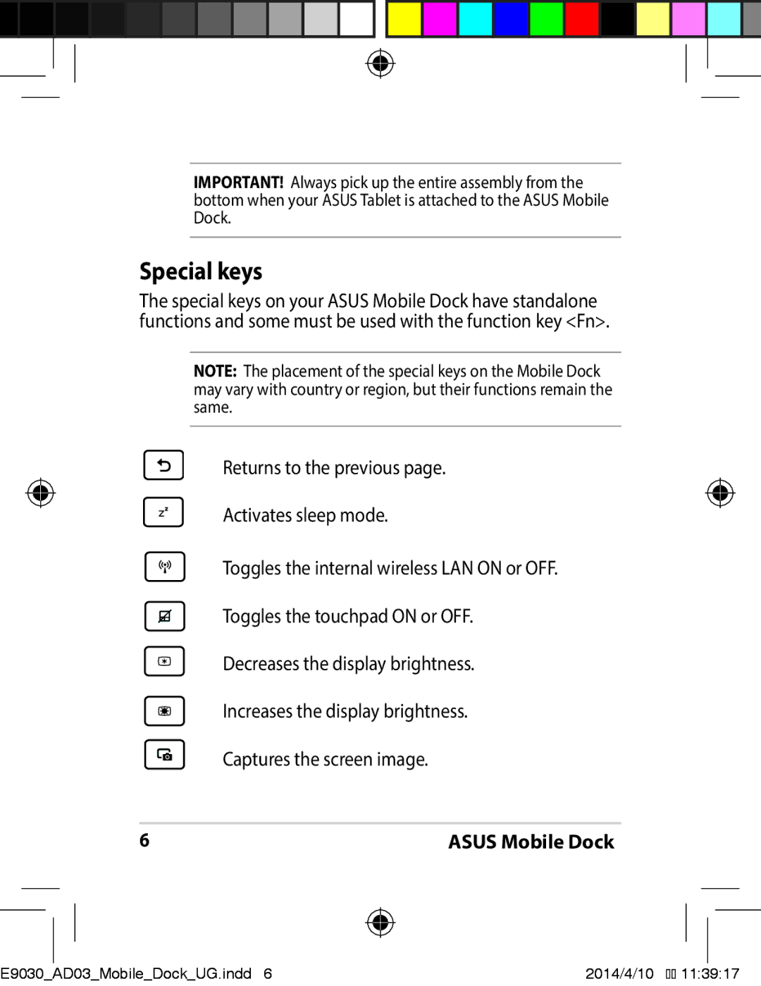 Asus E9030 manual Special keys 