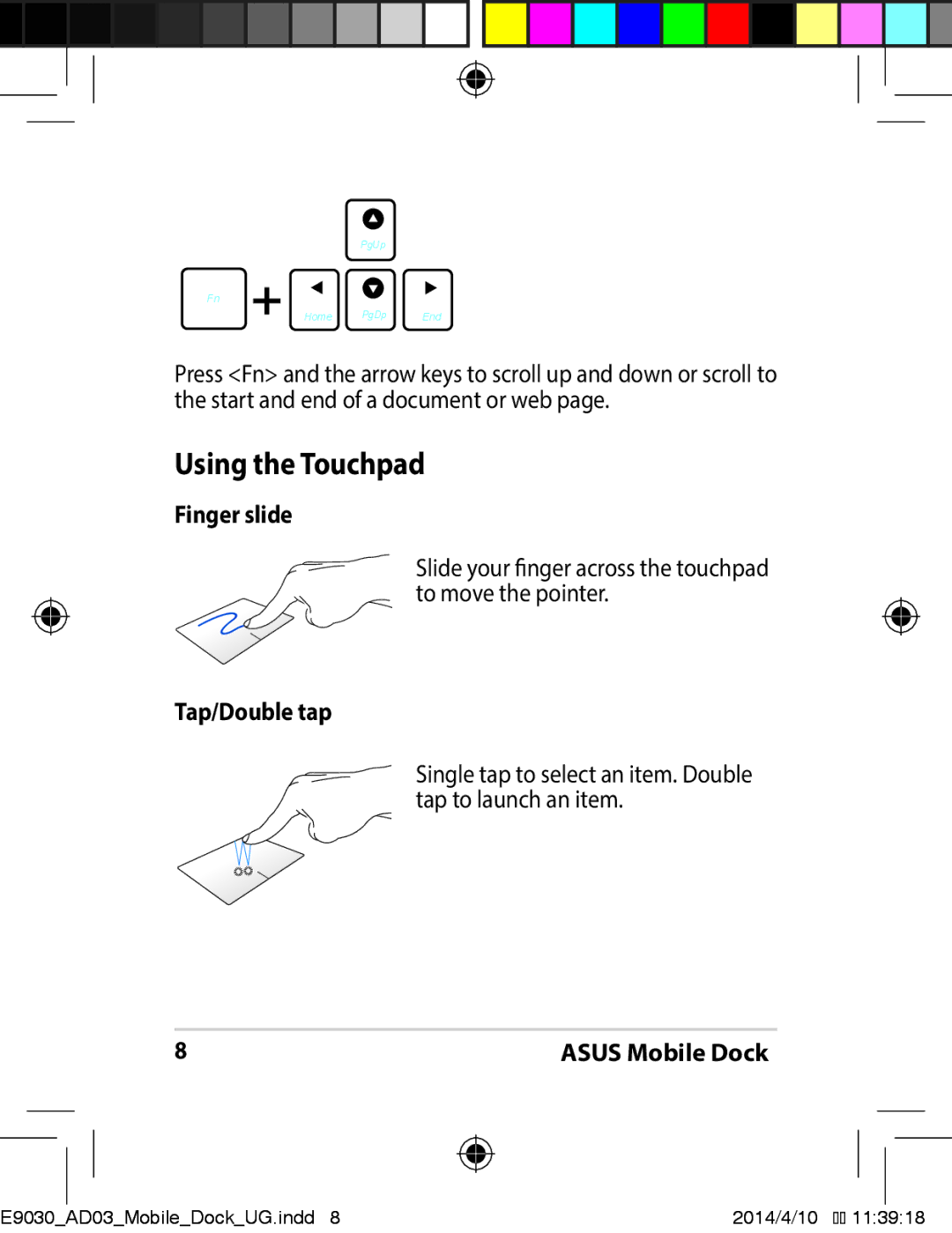 Asus E9030 manual Using the Touchpad, Tap/Double tap 