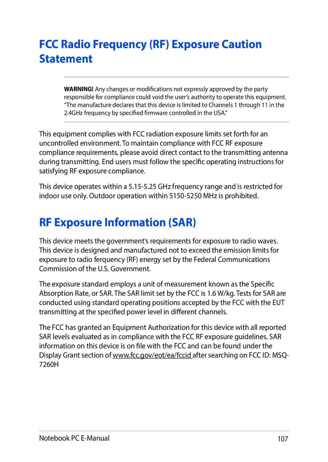 Asus E9188 manual FCC Radio Frequency RF Exposure Caution Statement, RF Exposure Information SAR 