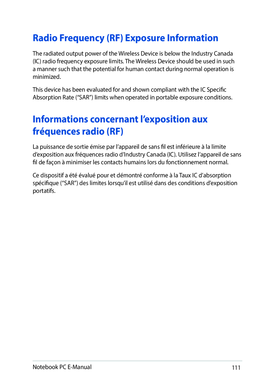 Asus E9188 manual Radio Frequency RF Exposure Information, Informations concernant l’exposition aux fréquences radio RF 