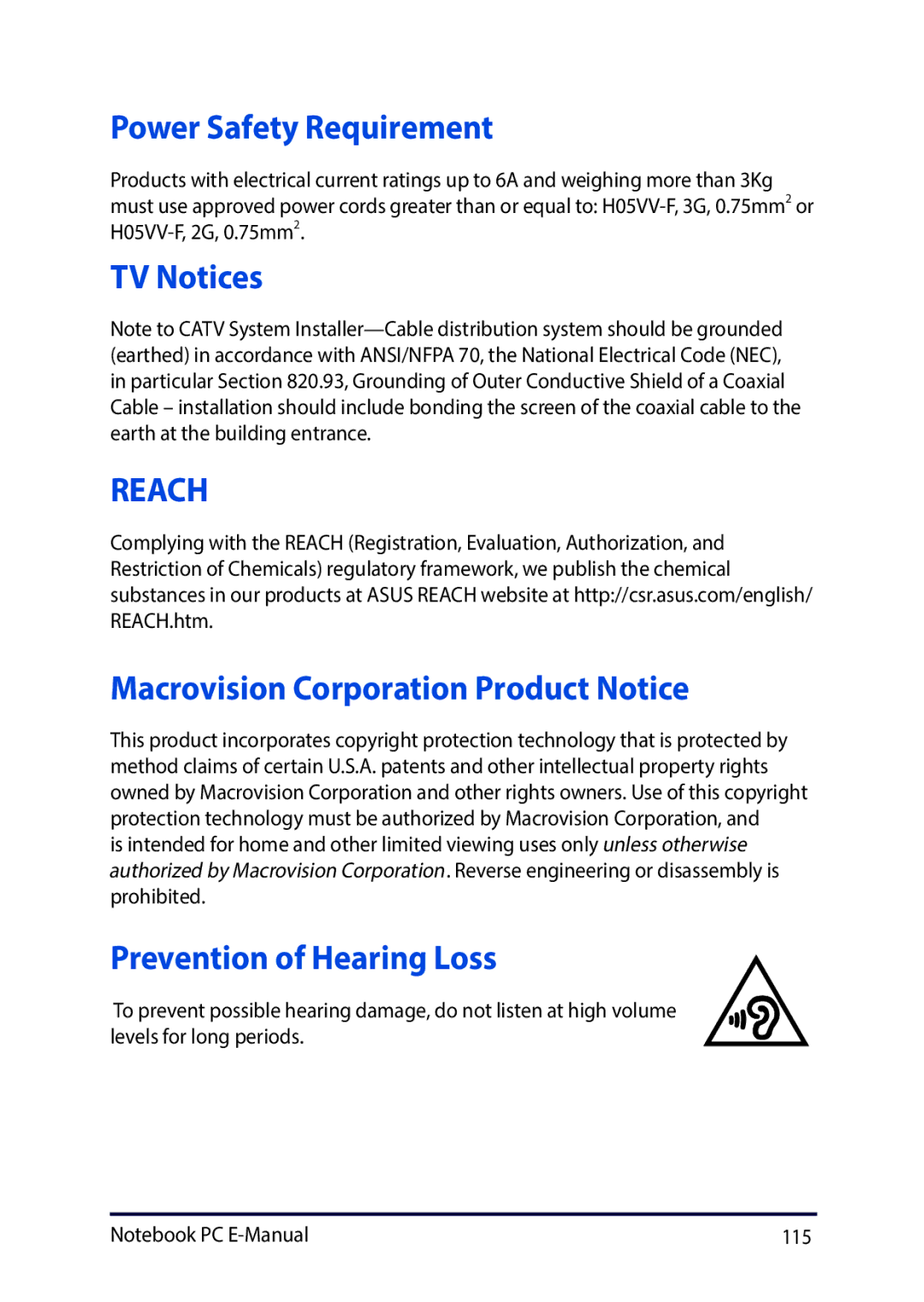 Asus E9188 manual Power Safety Requirement, TV Notices, Macrovision Corporation Product Notice, Prevention of Hearing Loss 