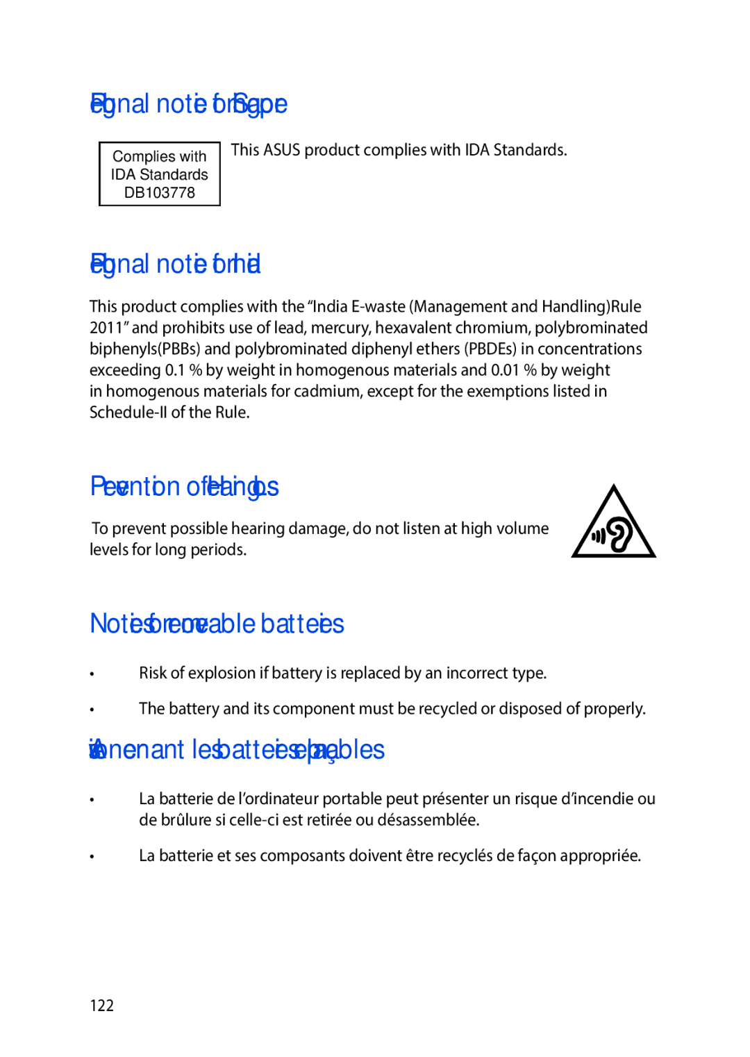 Asus E9188 manual Regional notice for Singapore, Regional notice for India, Avis concernant les batteries remplaçables 