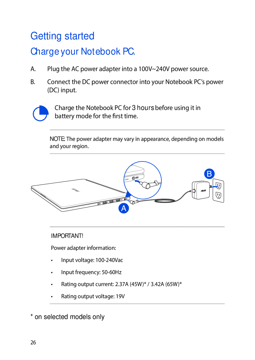 Asus E9188 manual Getting started, Charge your Notebook PC 