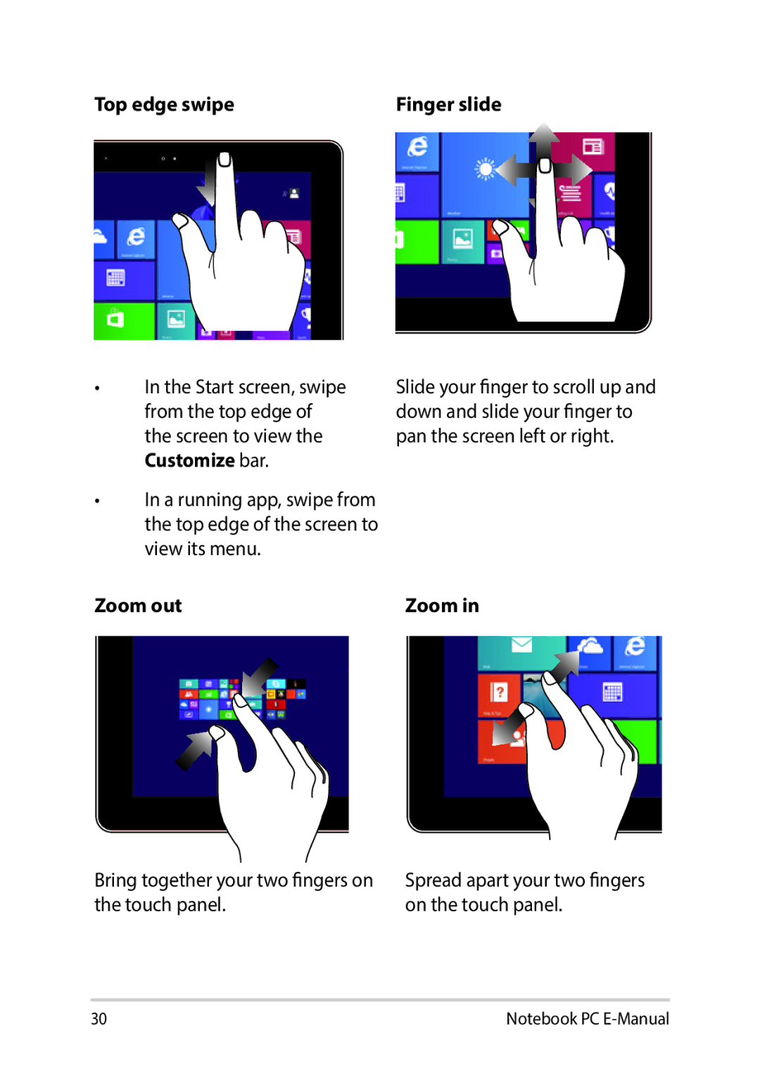 Asus E9188 manual Top edge swipe Finger slide, Zoom out 