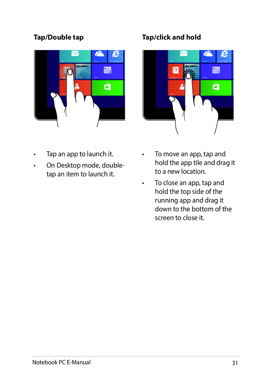 Asus E9188 manual Tap/Double tap Tap/click and hold 