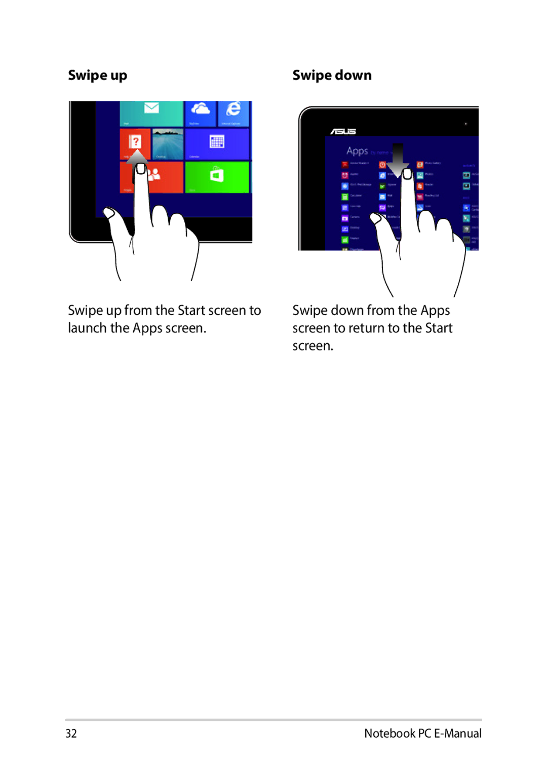 Asus E9188 manual Swipe up Swipe down 