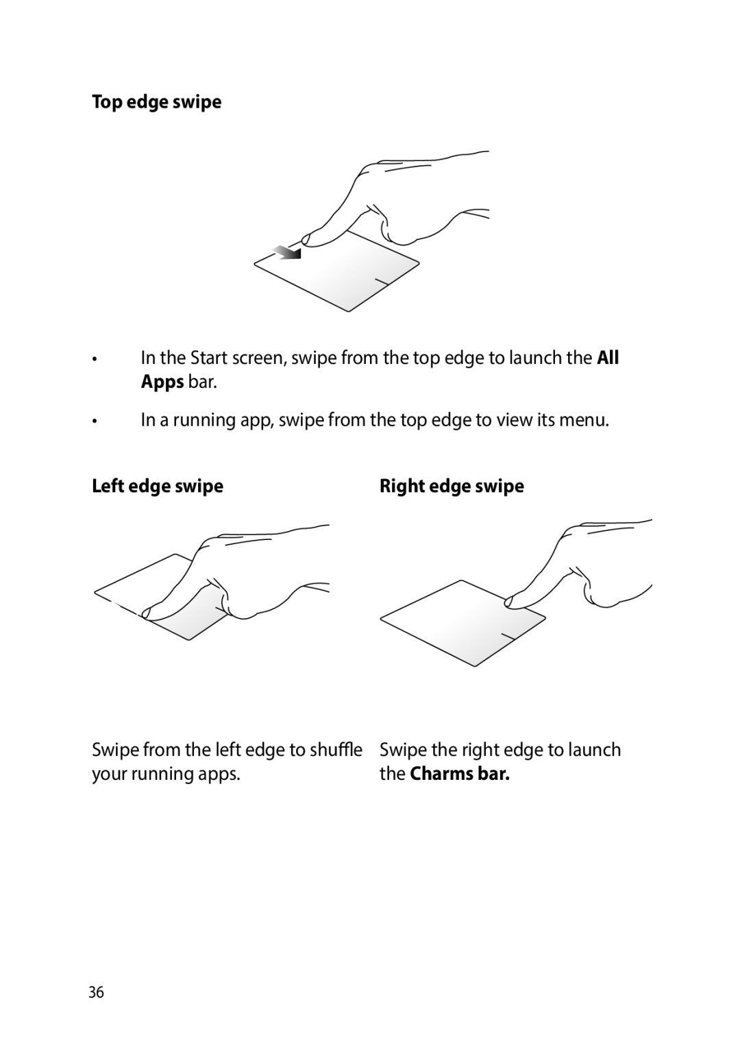 Asus E9188 manual Top edge swipe, Left edge swipe 