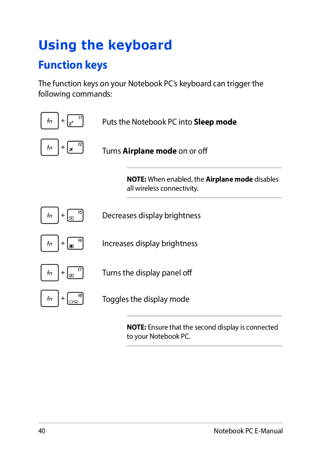 Asus E9188 manual Using the keyboard, Function keys 