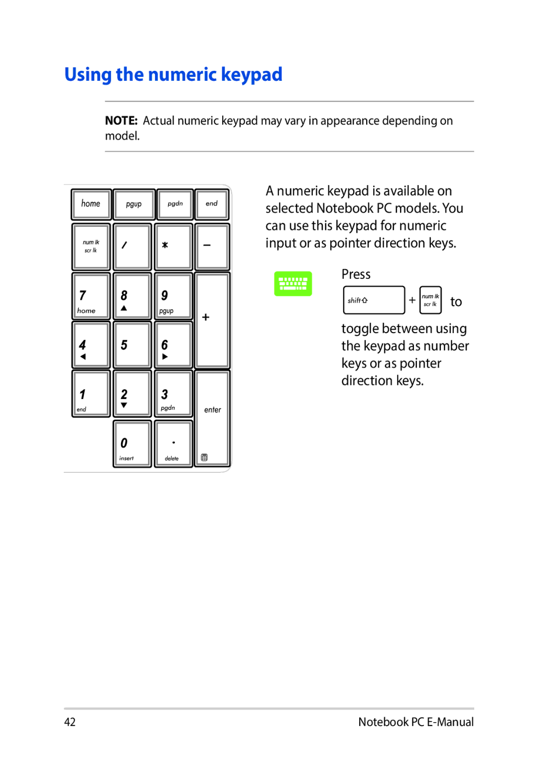 Asus E9188 manual Using the numeric keypad 