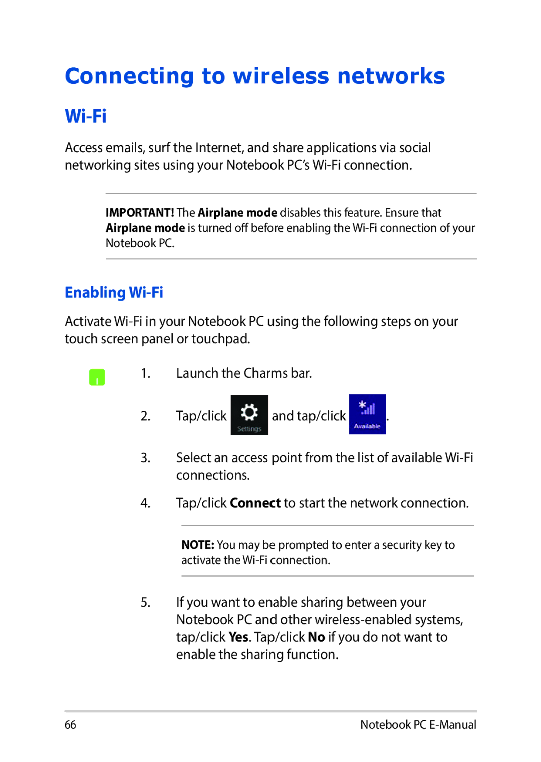 Asus E9188 manual Connecting to wireless networks, Enabling Wi-Fi 