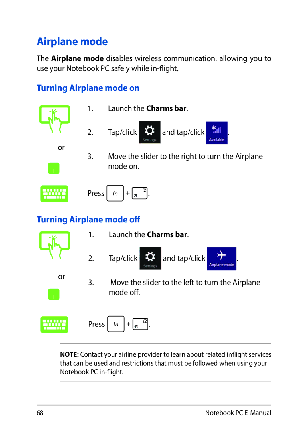 Asus E9188 manual Turning Airplane mode on, Turning Airplane mode off 