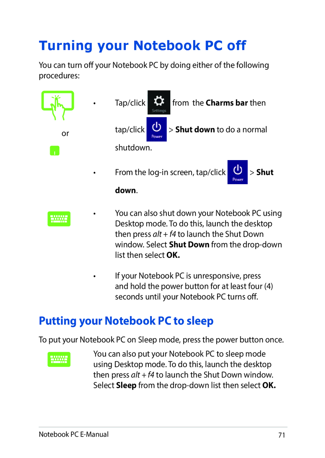 Asus E9188 manual Turning your Notebook PC off, Putting your Notebook PC to sleep 