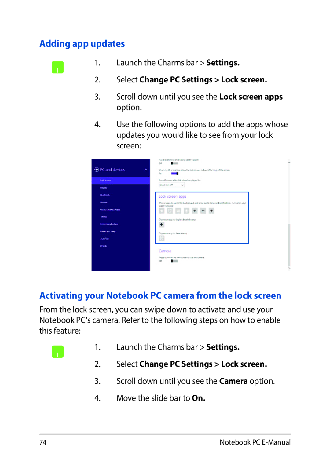 Asus E9188 manual Adding app updates, Activating your Notebook PC camera from the lock screen 