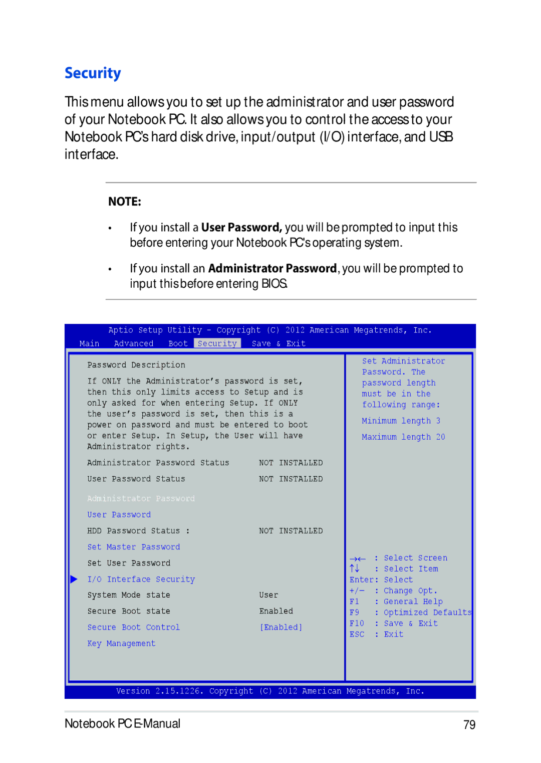 Asus E9188 manual Security, Password Description 