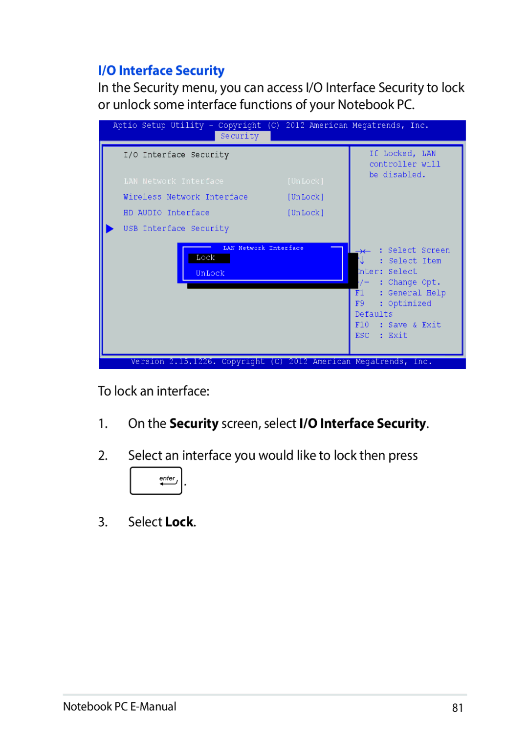 Asus E9188 manual On the Security screen, select I/O Interface Security 