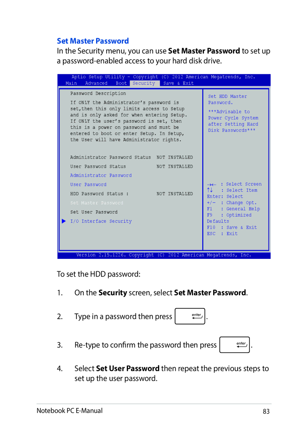 Asus E9188 manual On the Security screen, select Set Master Password 