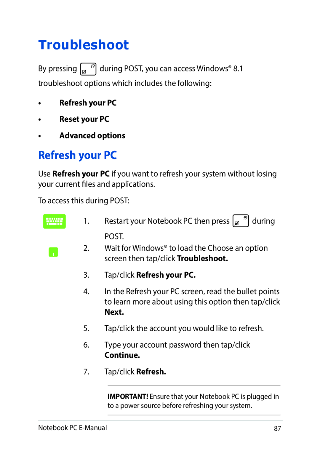 Asus E9188 manual Troubleshoot, Refresh your PC 