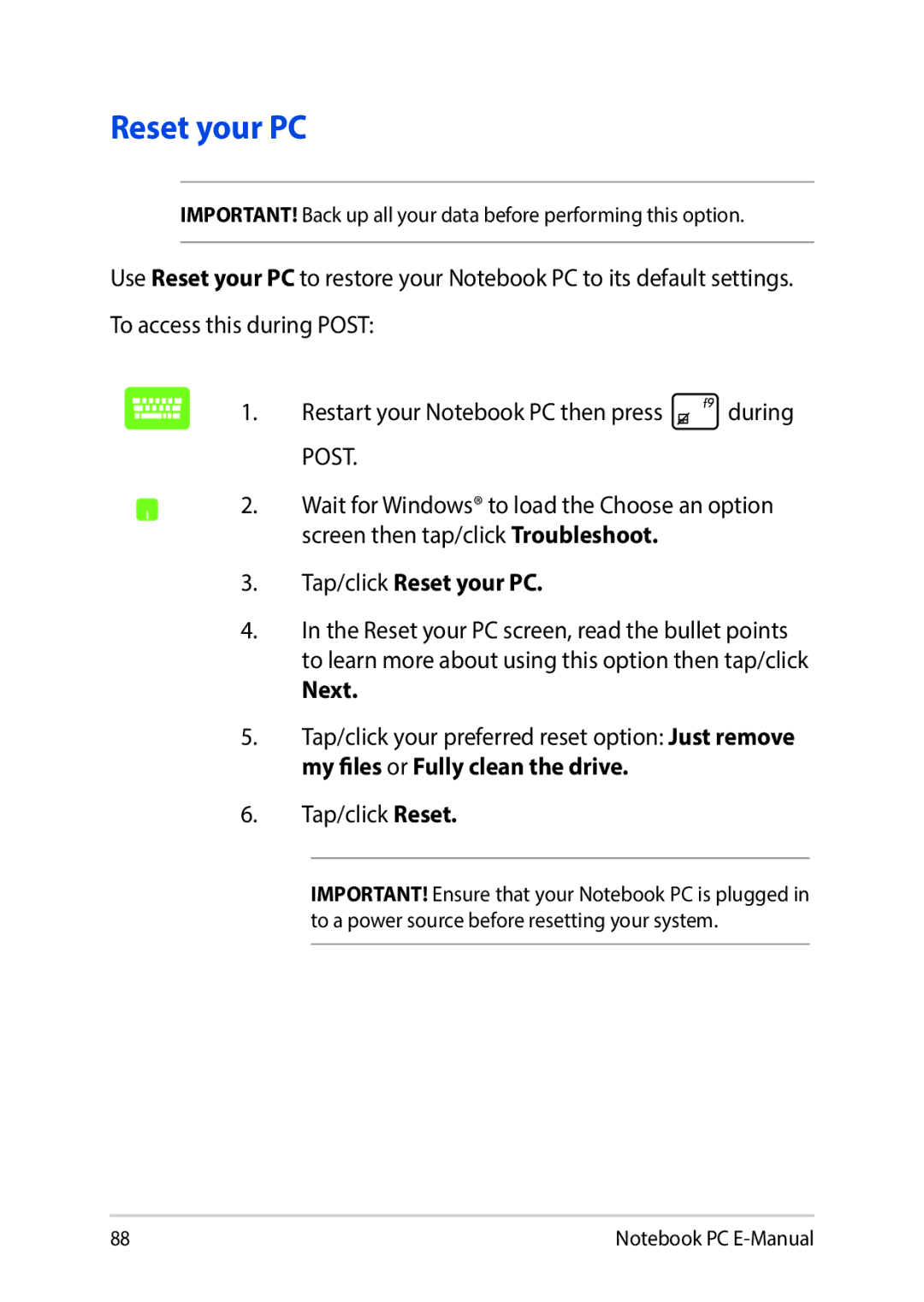 Asus E9188 manual Tap/click Reset your PC 