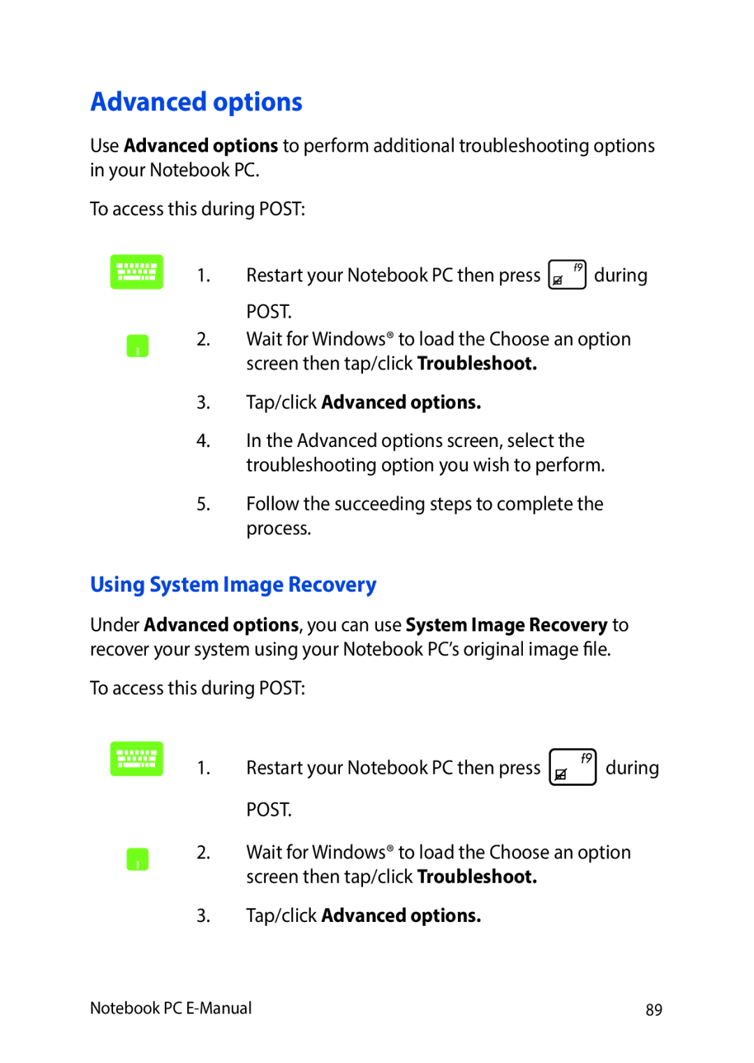 Asus E9188 manual Using System Image Recovery, Tap/click Advanced options 