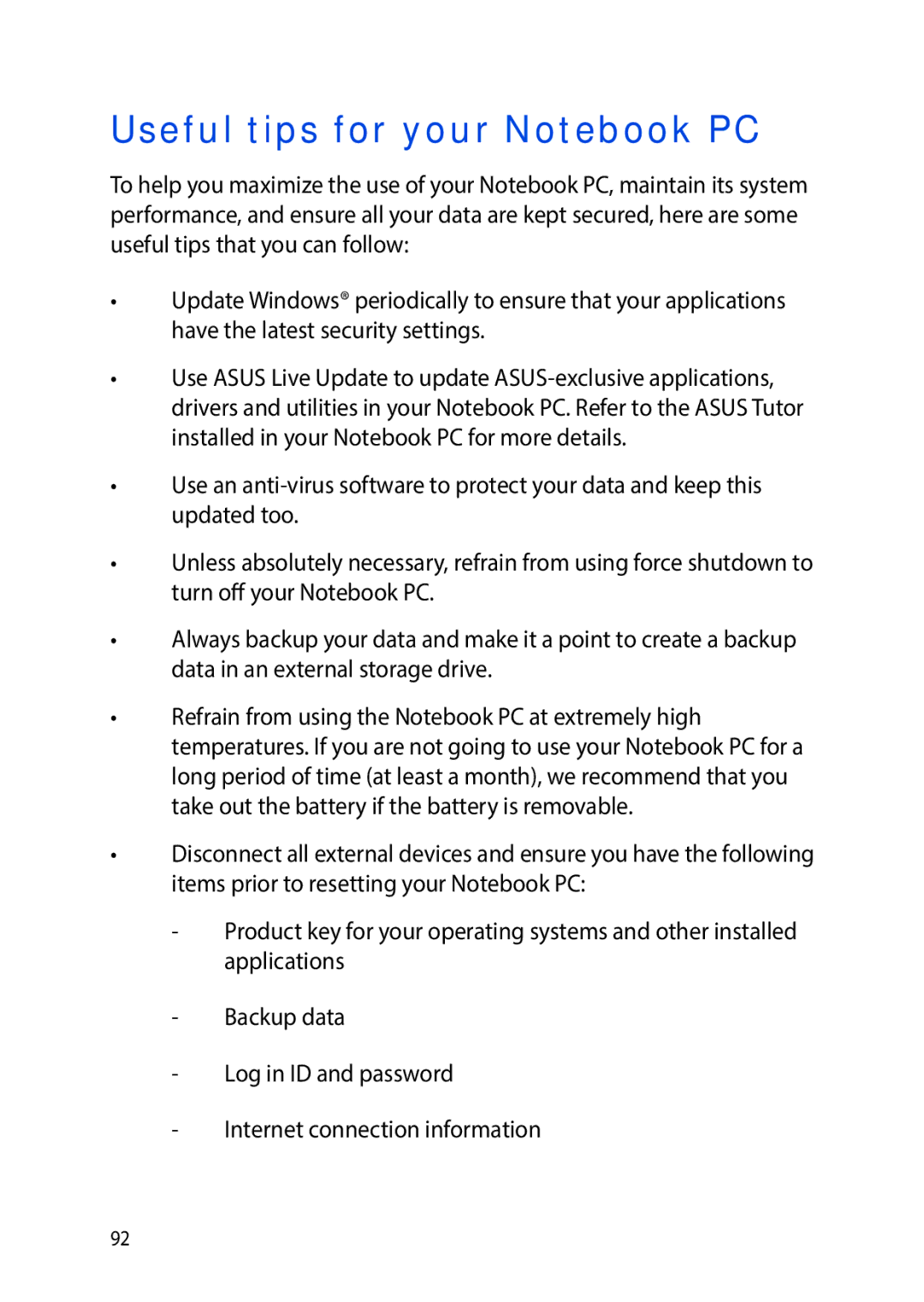 Asus E9188 manual Useful tips for your Notebook PC 