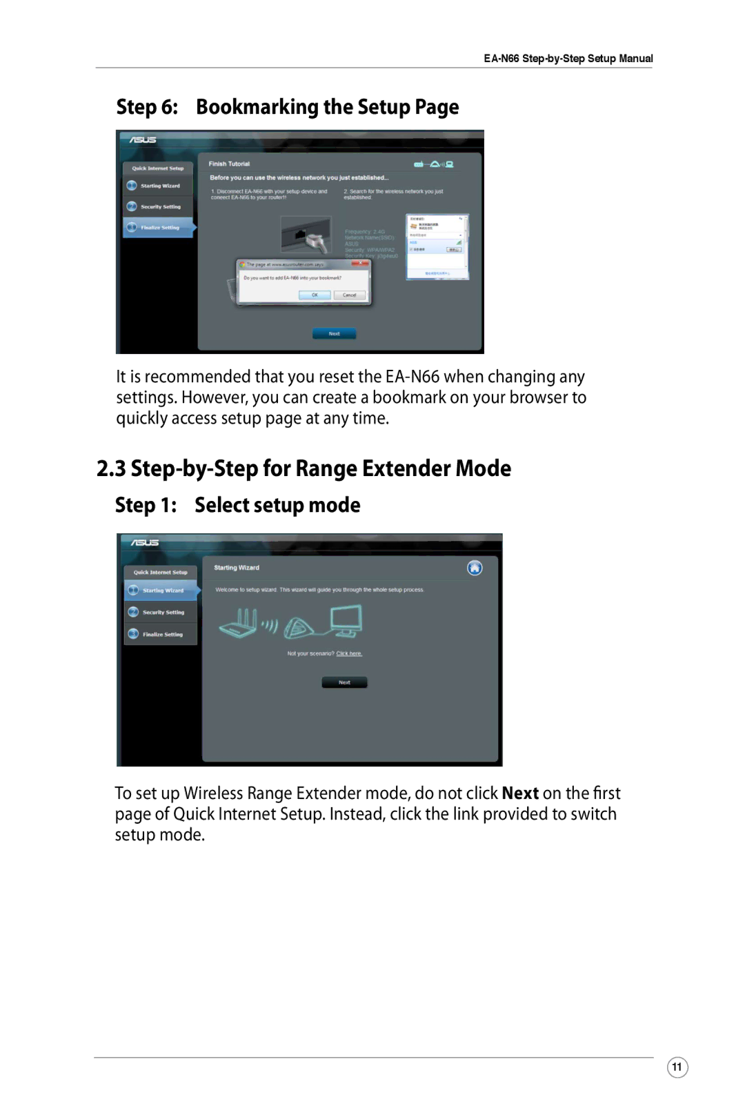 Asus EA-N66 manual Step-by-Step for Range Extender Mode, Bookmarking the Setup 