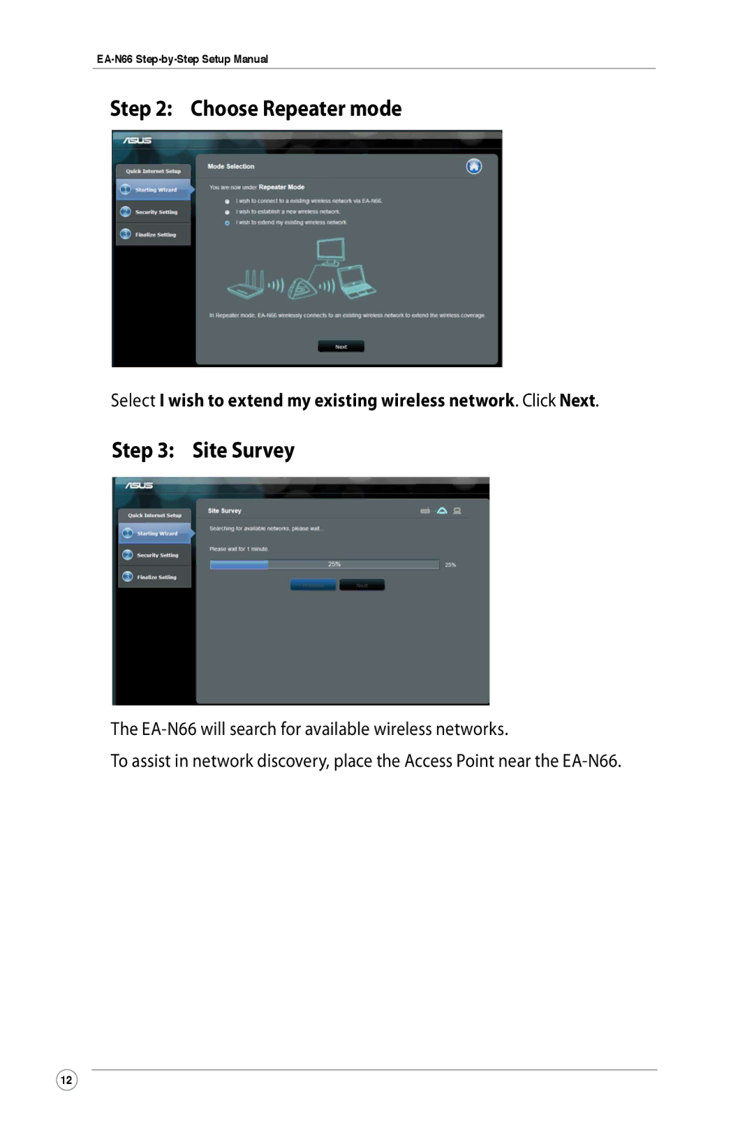 Asus EA-N66 manual Choose Repeater mode, Site Survey 