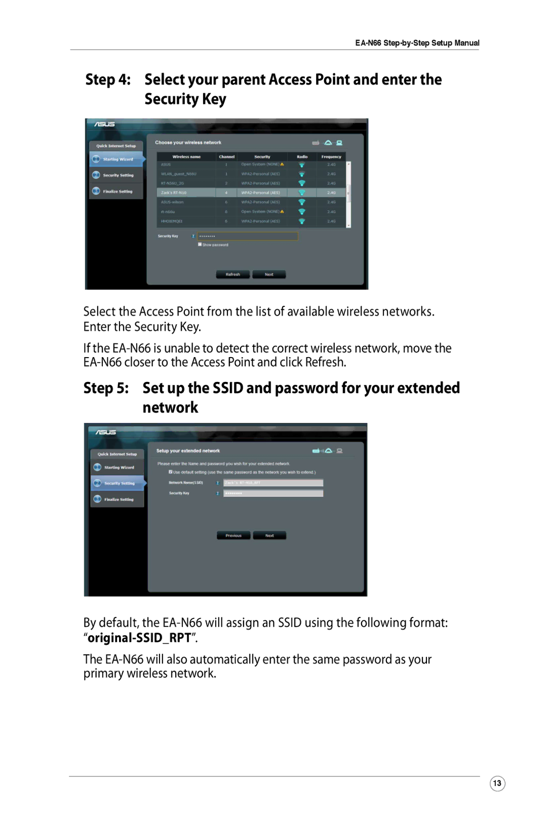 Asus EA-N66 manual Set up the Ssid and password for your extended network, Original-SSIDRPT 