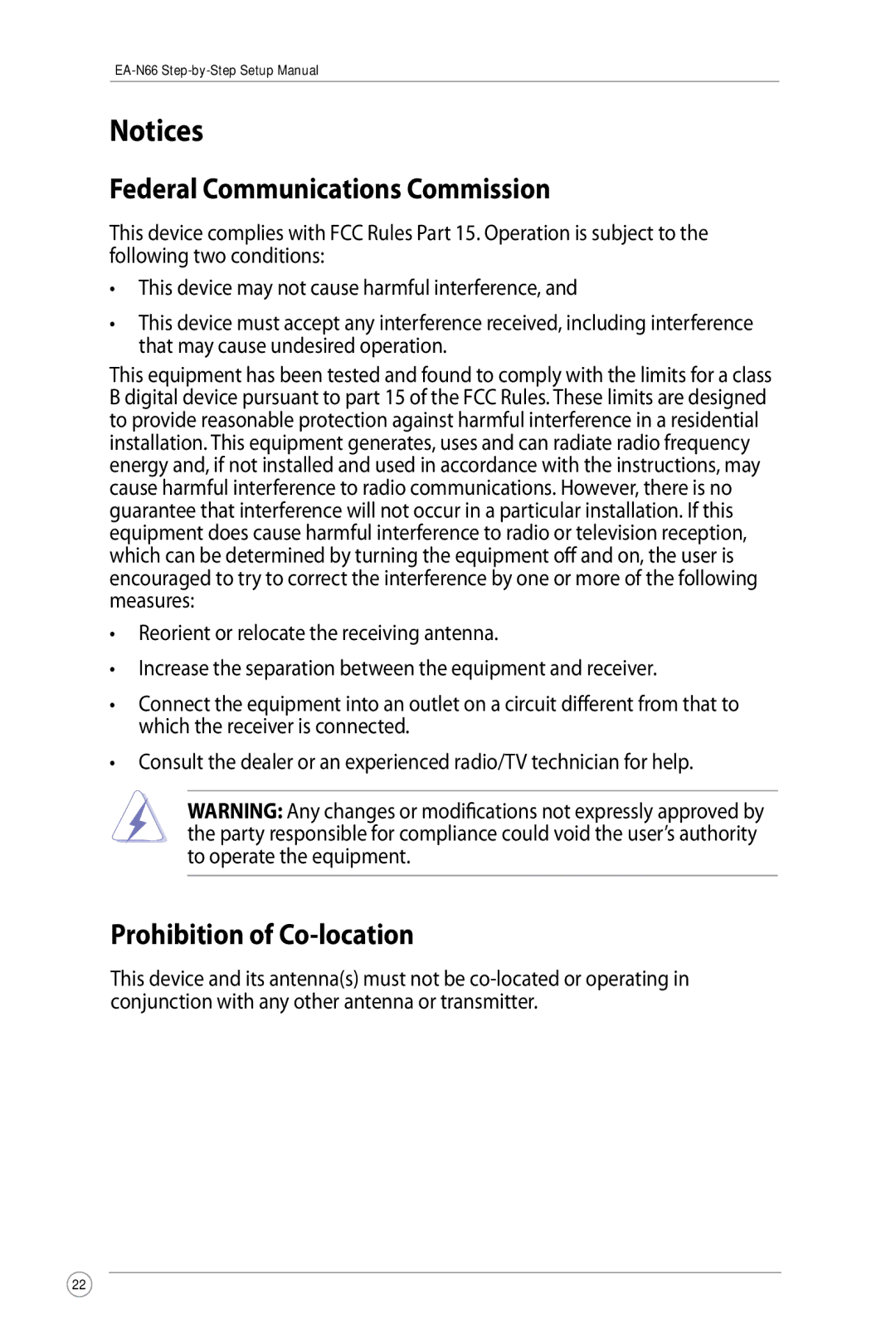 Asus EA-N66 manual Federal Communications Commission, Prohibition of Co-location 