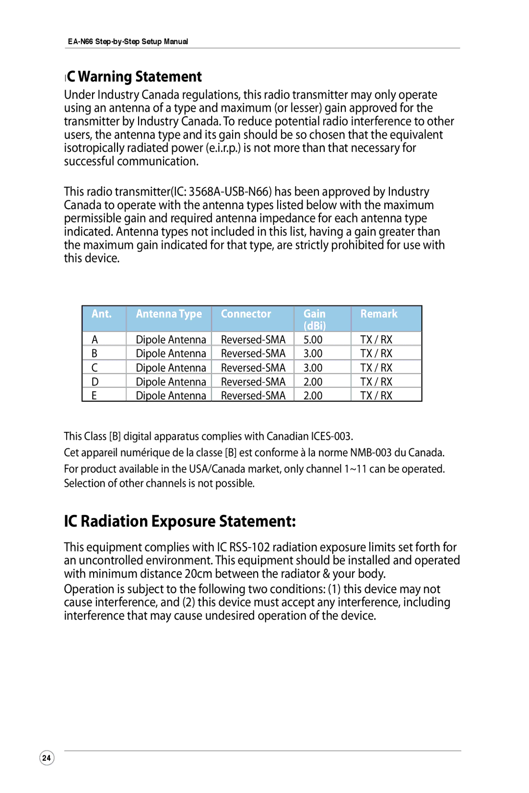 Asus EA-N66 manual IC Radiation Exposure Statement, IC Warning Statement 