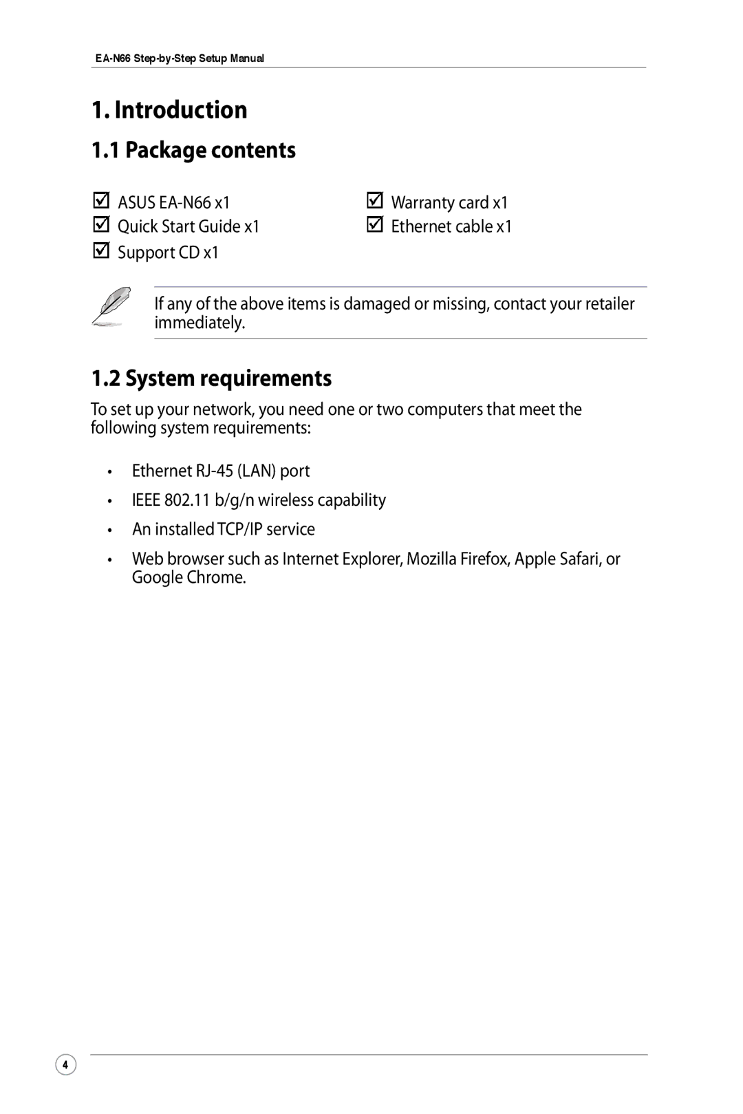 Asus EA-N66 manual Introduction, Package contents, System requirements 