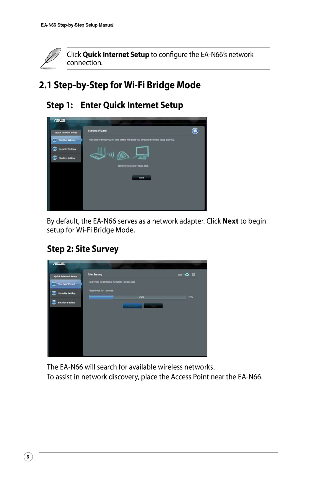 Asus EA-N66 manual Step-by-Step for Wi-Fi Bridge Mode, Enter Quick Internet Setup, Site Survey 