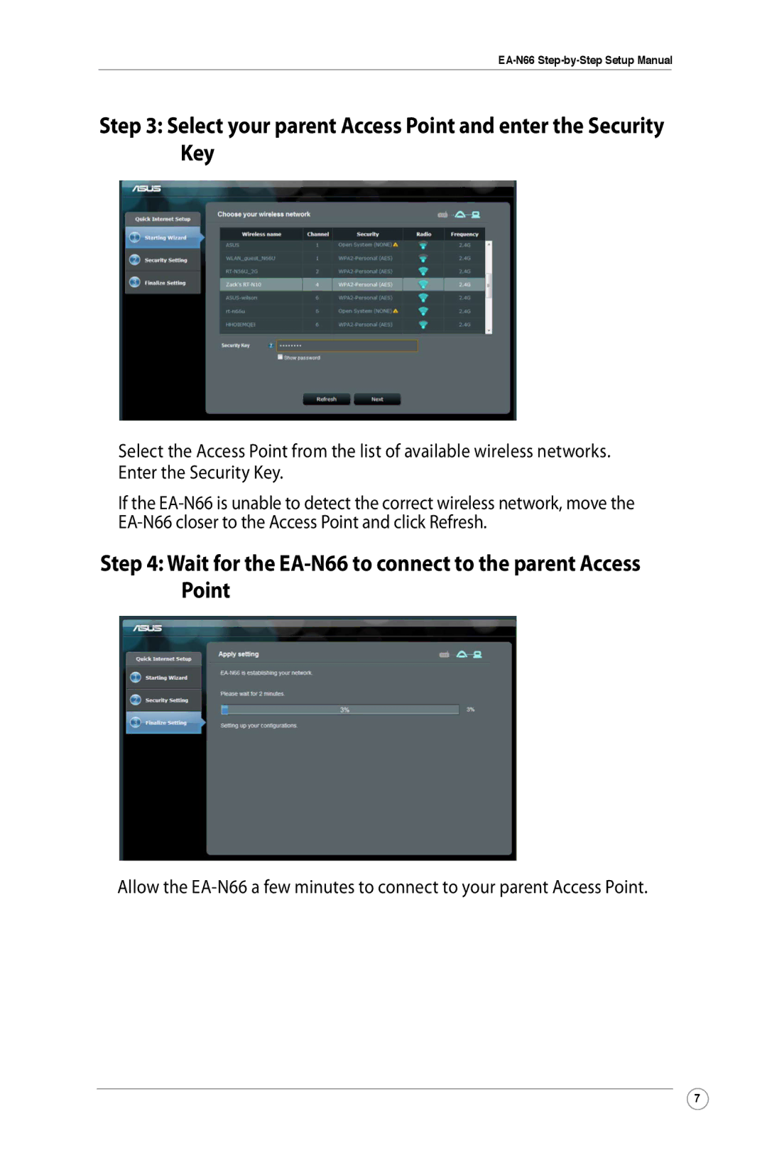 Asus EA-N66 manual Select your parent Access Point and enter the Security Key 