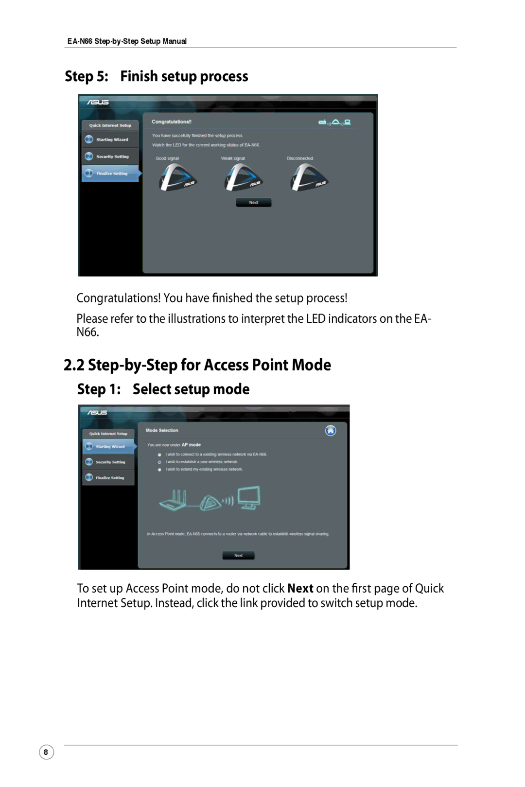 Asus EA-N66 manual Step-by-Step for Access Point Mode, Finish setup process, Select setup mode 