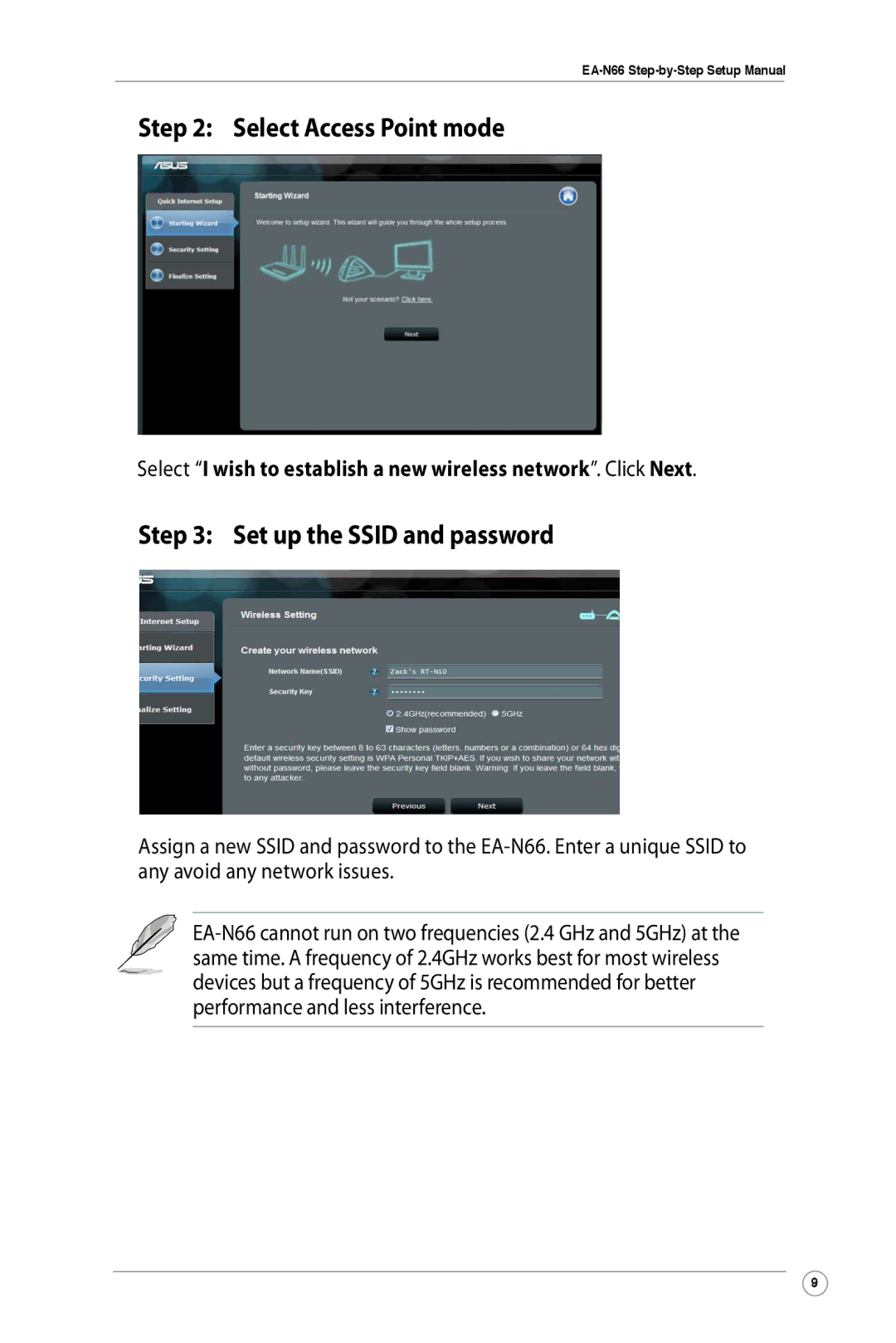 Asus EA-N66 manual Select Access Point mode, Set up the Ssid and password 