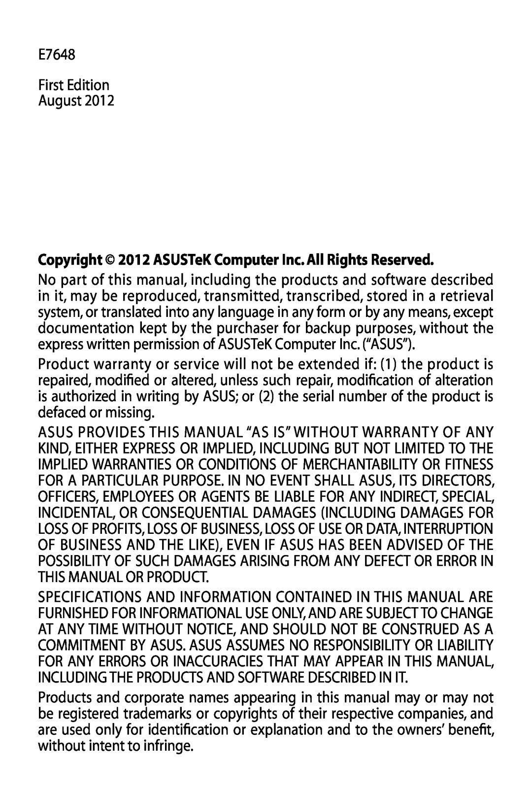 Asus EA-N66 manual Copyright 2012 ASUSTeK Computer Inc. All Rights Reserved 