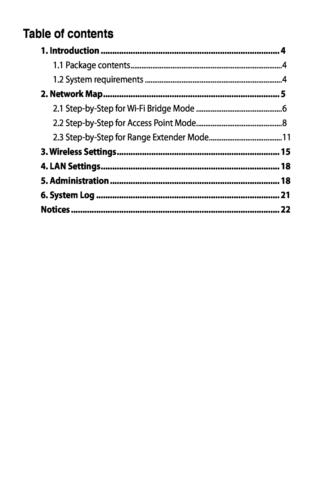 Asus EA-N66 manual Table of contents, Introduction, Package contents, System requirements, Network Map, Wireless Settings 