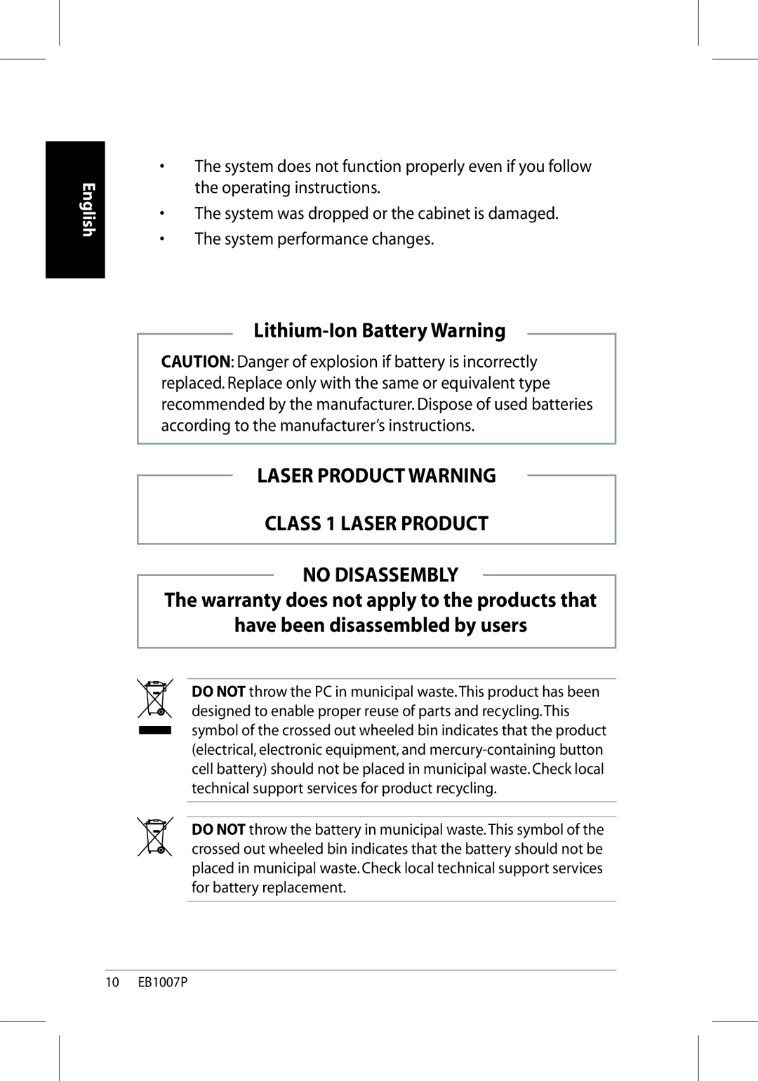 Asus EB1007P-B0040 user manual Lithium-Ion Battery Warning, Laser Product Warning Class 1 Laser Product 