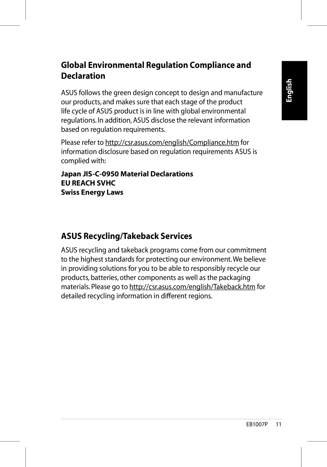 Asus EB1007P-B0040 user manual Global Environmental Regulation Compliance and Declaration, Asus Recycling/Takeback Services 