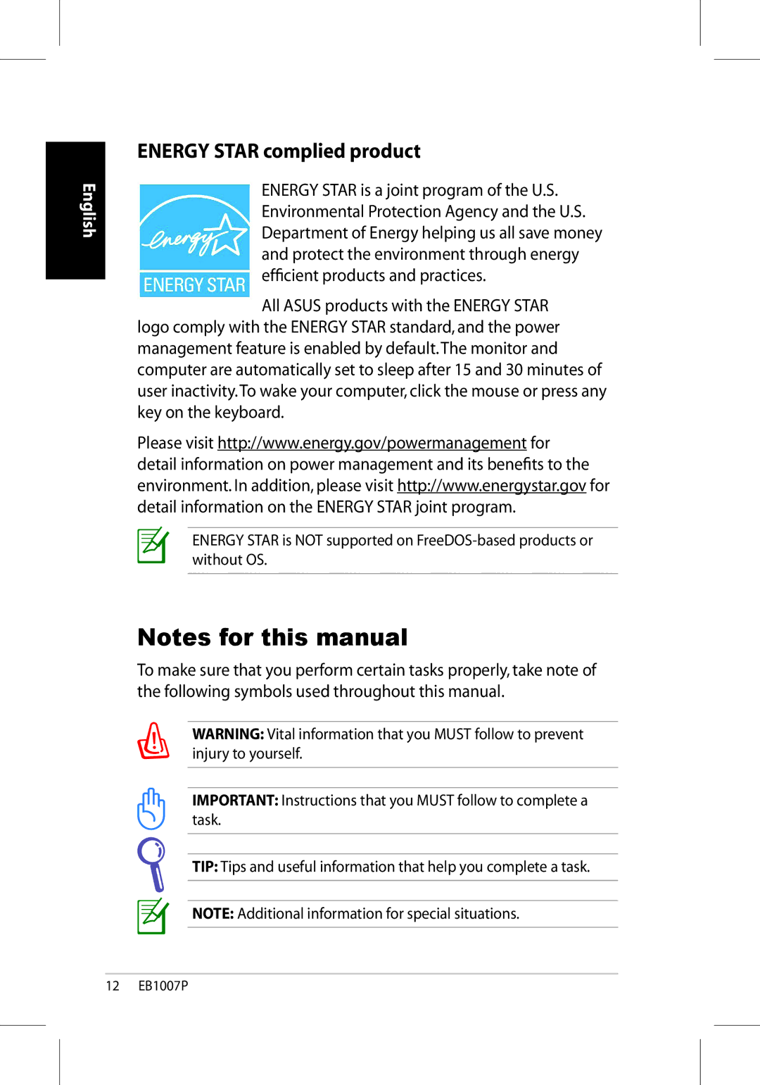 Asus EB1007P-B0040 user manual Energy Star complied product 