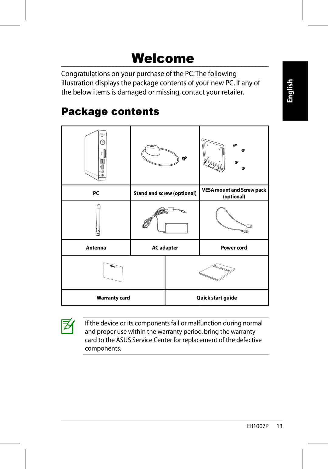 Asus EB1007P-B0040 user manual Welcome, Package contents 