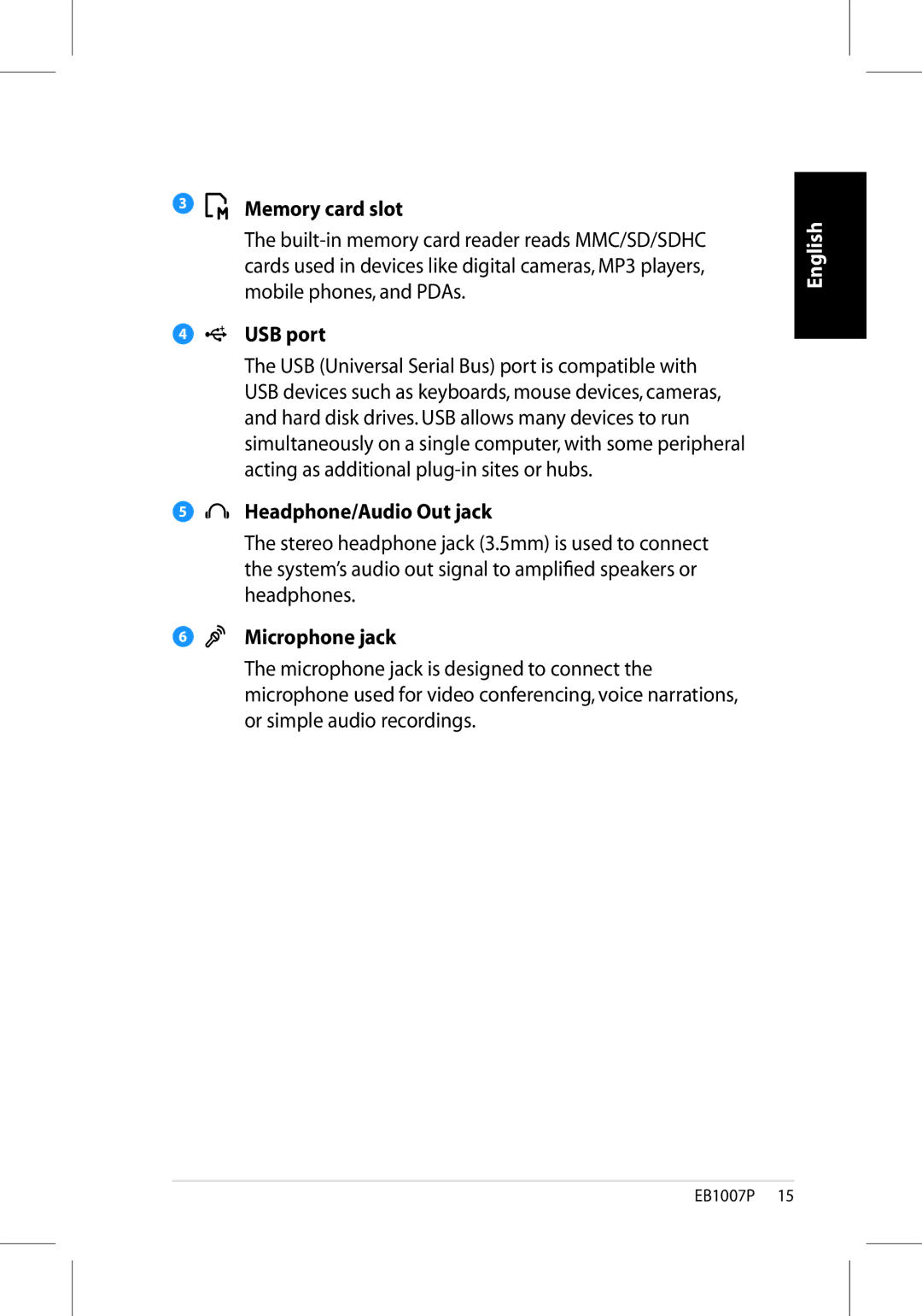 Asus EB1007P-B0040 user manual Memory card slot, USB port, Headphone/Audio Out jack, Microphone jack 