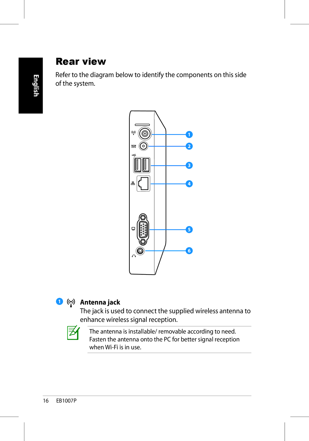 Asus EB1007P-B0040 user manual Rear view, Antenna jack 