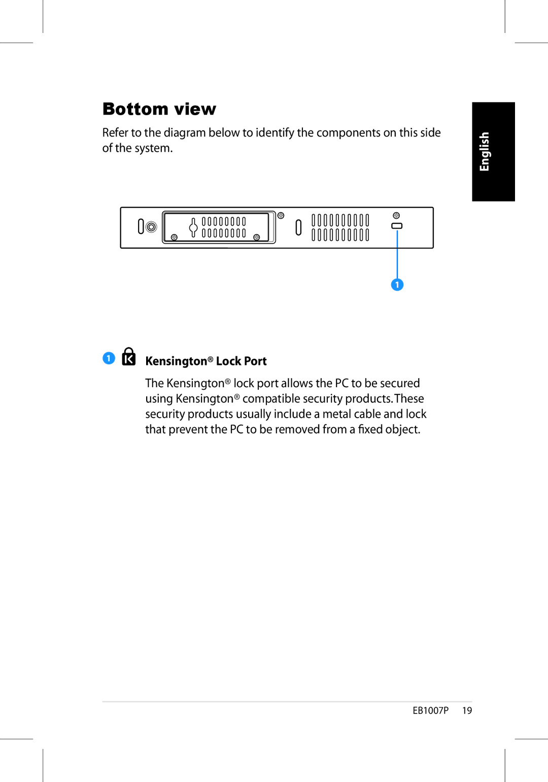 Asus EB1007P-B0040 user manual Bottom view, Kensington Lock Port 