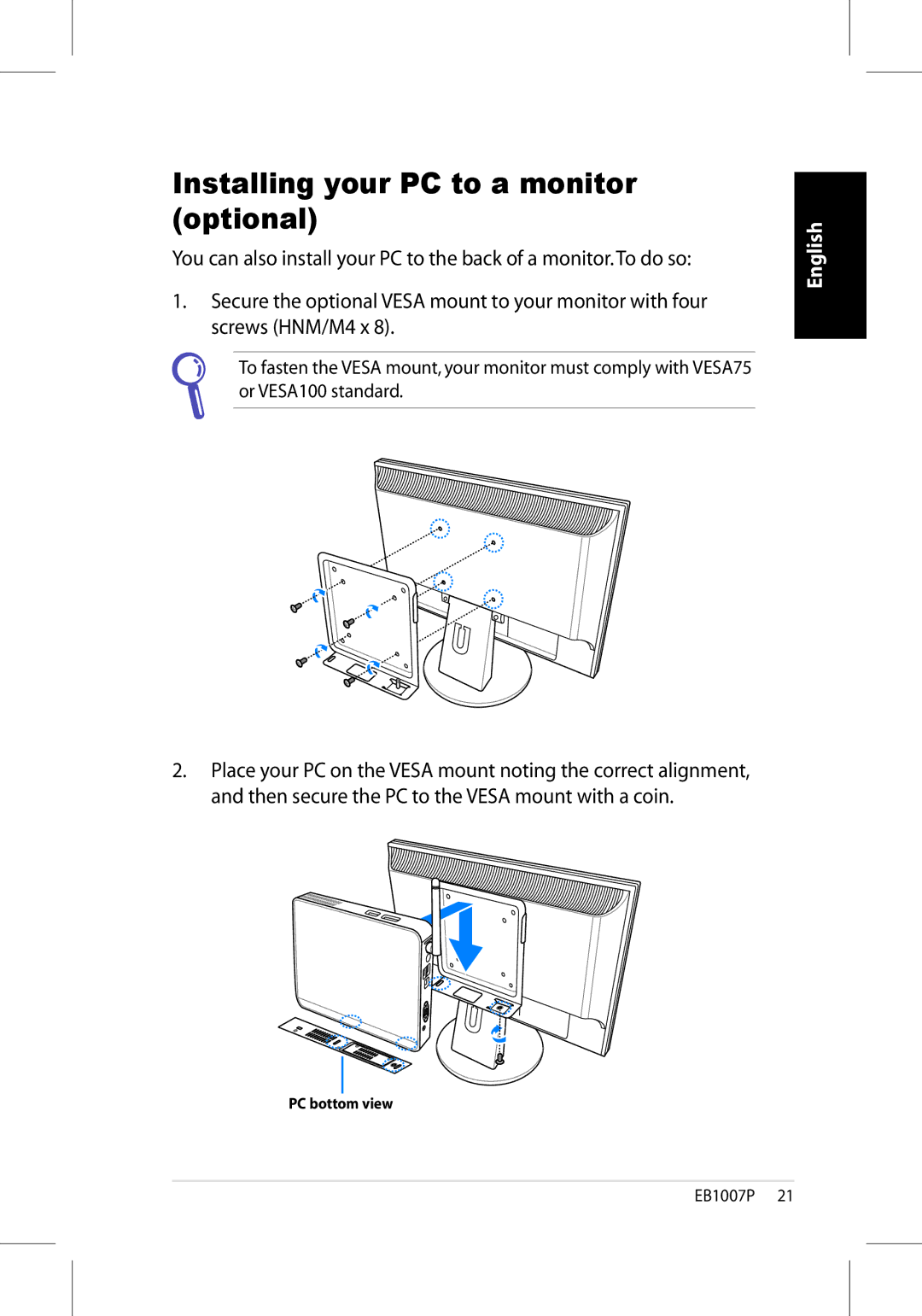 Asus EB1007P-B0040 user manual Installing your PC to a monitor optional 