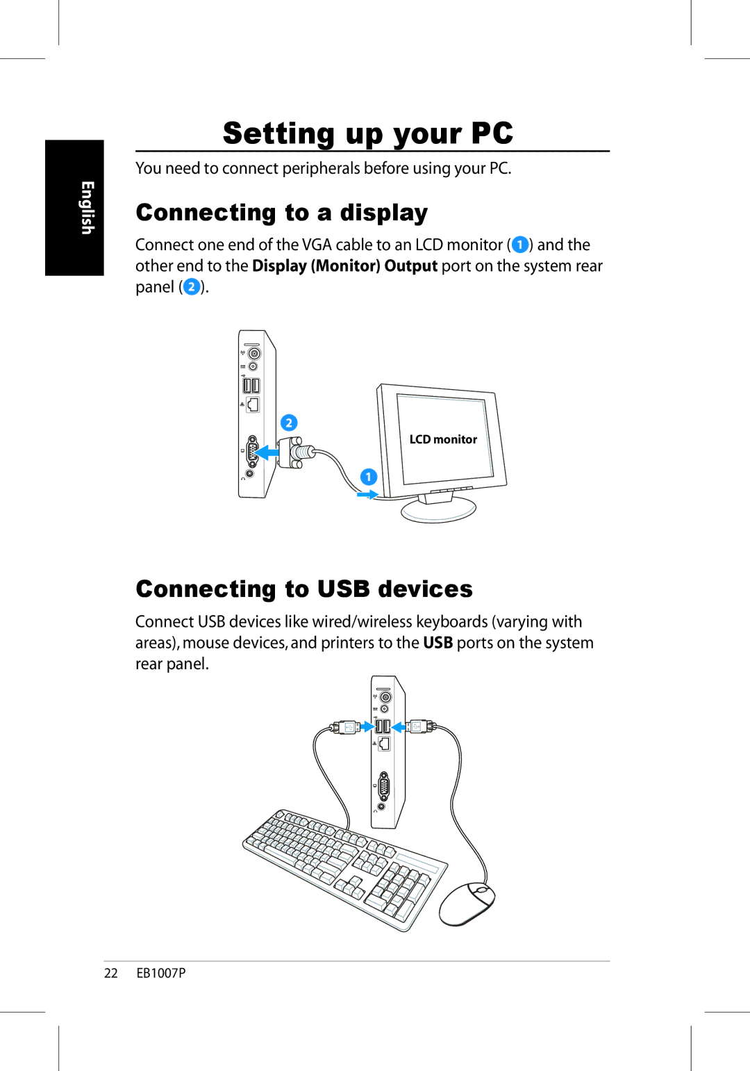 Asus EB1007P-B0040 user manual Setting up your PC, Connecting to a display, Connecting to USB devices 