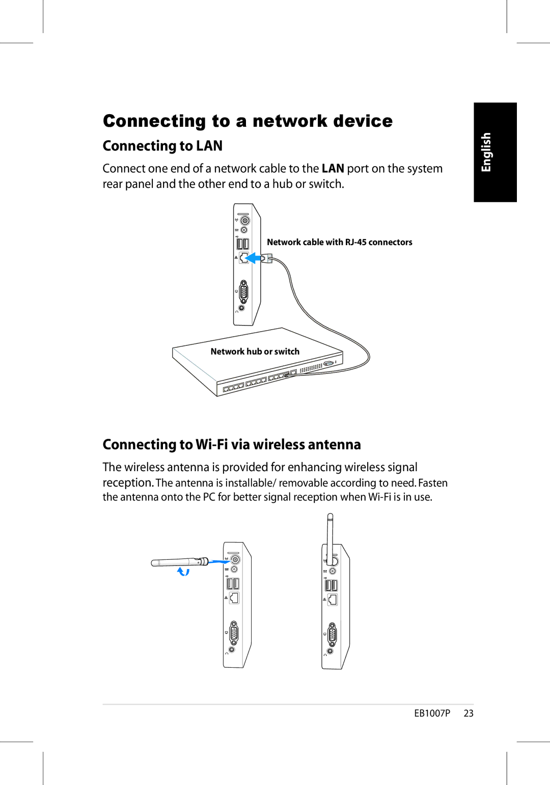 Asus EB1007P-B0040 user manual Connecting to a network device, Connecting to LAN, Connecting to Wi-Fi via wireless antenna 