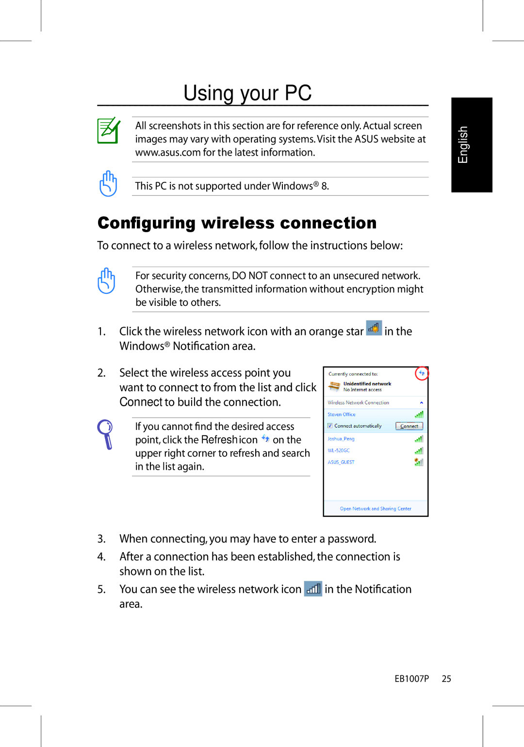 Asus EB1007P-B0040 user manual Using your PC, Configuring wireless connection 