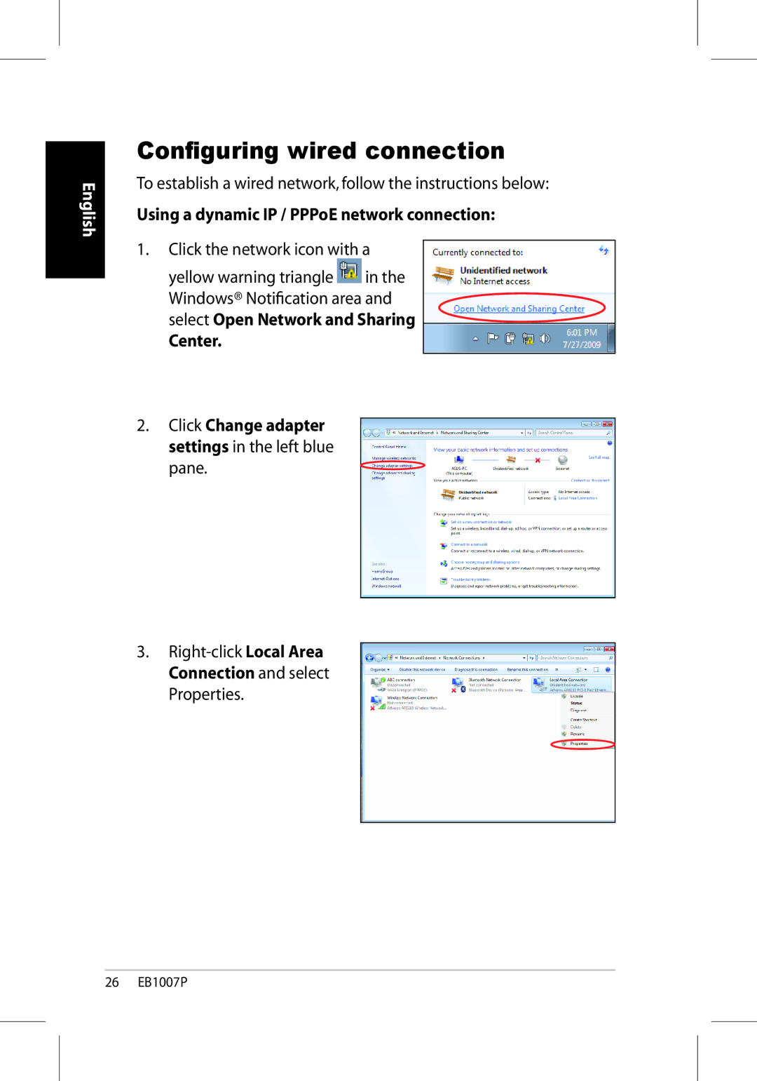 Asus EB1007P-B0040 user manual Configuring wired connection, Using a dynamic IP / PPPoE network connection, Center 