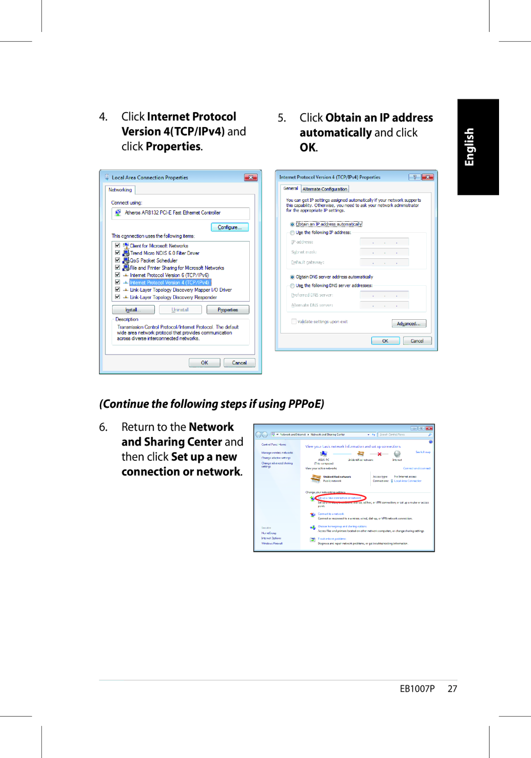 Asus EB1007P-B0040 user manual Click Internet Protocol, Version 4TCP/IPv4 Automatically and click Click Properties 